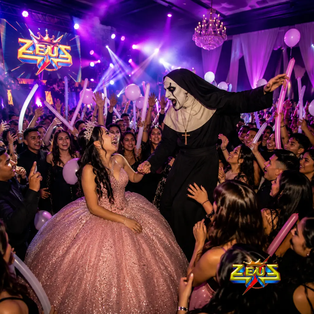 La Monja bailando con una XVañera mientras interactúa con una pista de baile llena de invitados, globos, iluminación profesional y efectos especiales durante un evento organizado por Sonido Zeuz Entertainment en Columbus, Indiana.